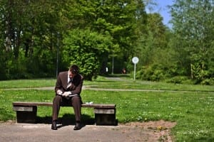 Working on a park bench
